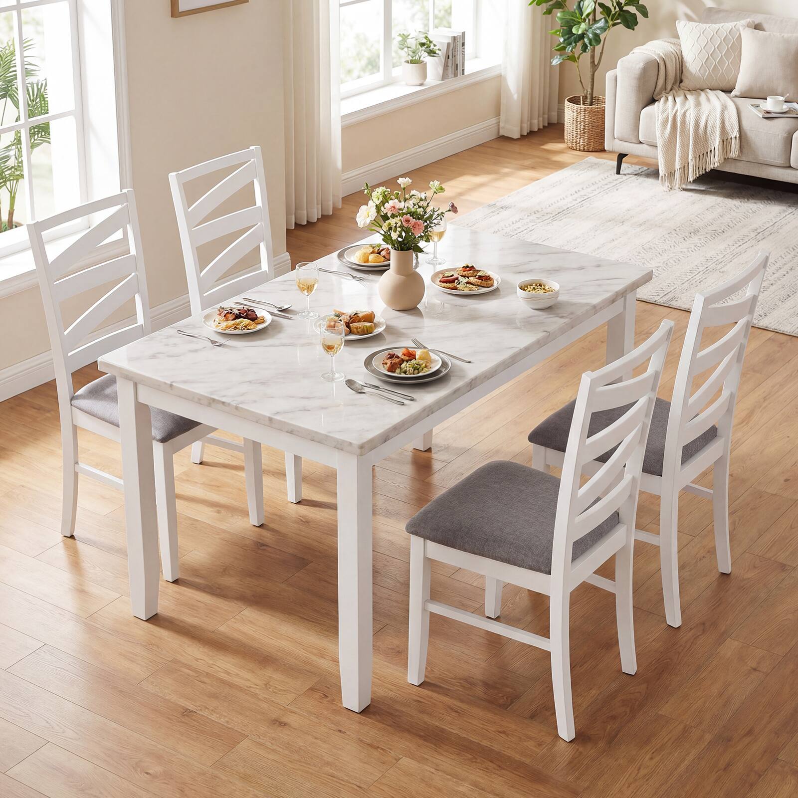 Alt View 1. Gymax - Gymax Dining Chairs Set of 4 w/ Tall Backrests Linen Fabric Upholstered Seats White & Gray - White.