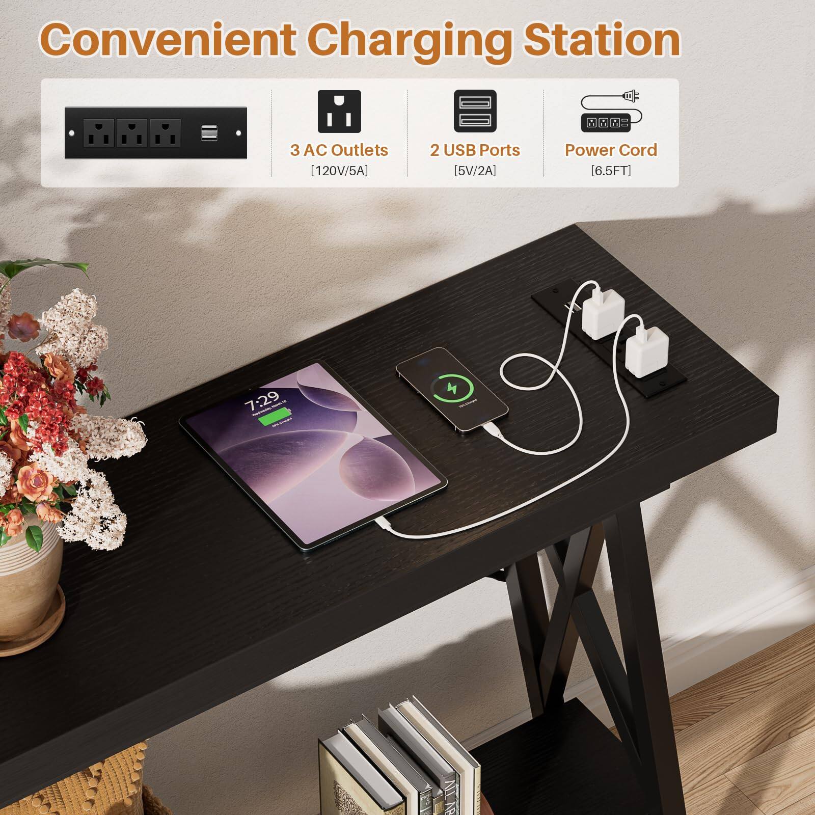 Convenient Charging Station

3 AC Outlets (120V/5A)
2 USB Ports (5V/2A)
Power Cord (6.5FT)
