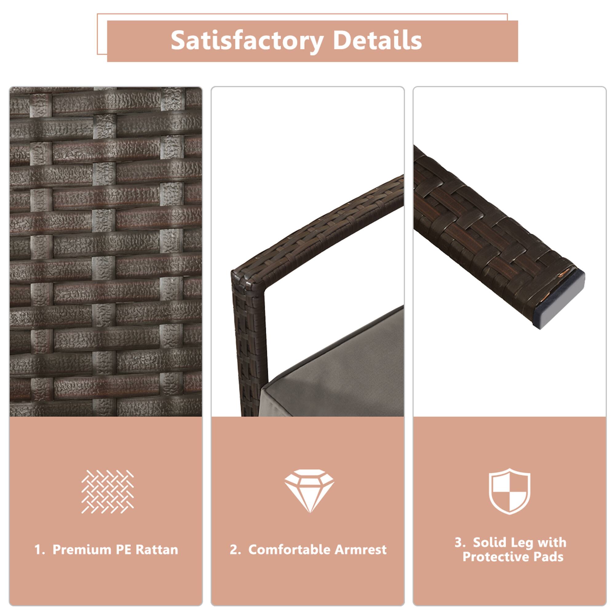 Satisfactory Details
1. Premium PE Rattan
2. Comfortable Armrest
3. Solid Leg with Protective Pads