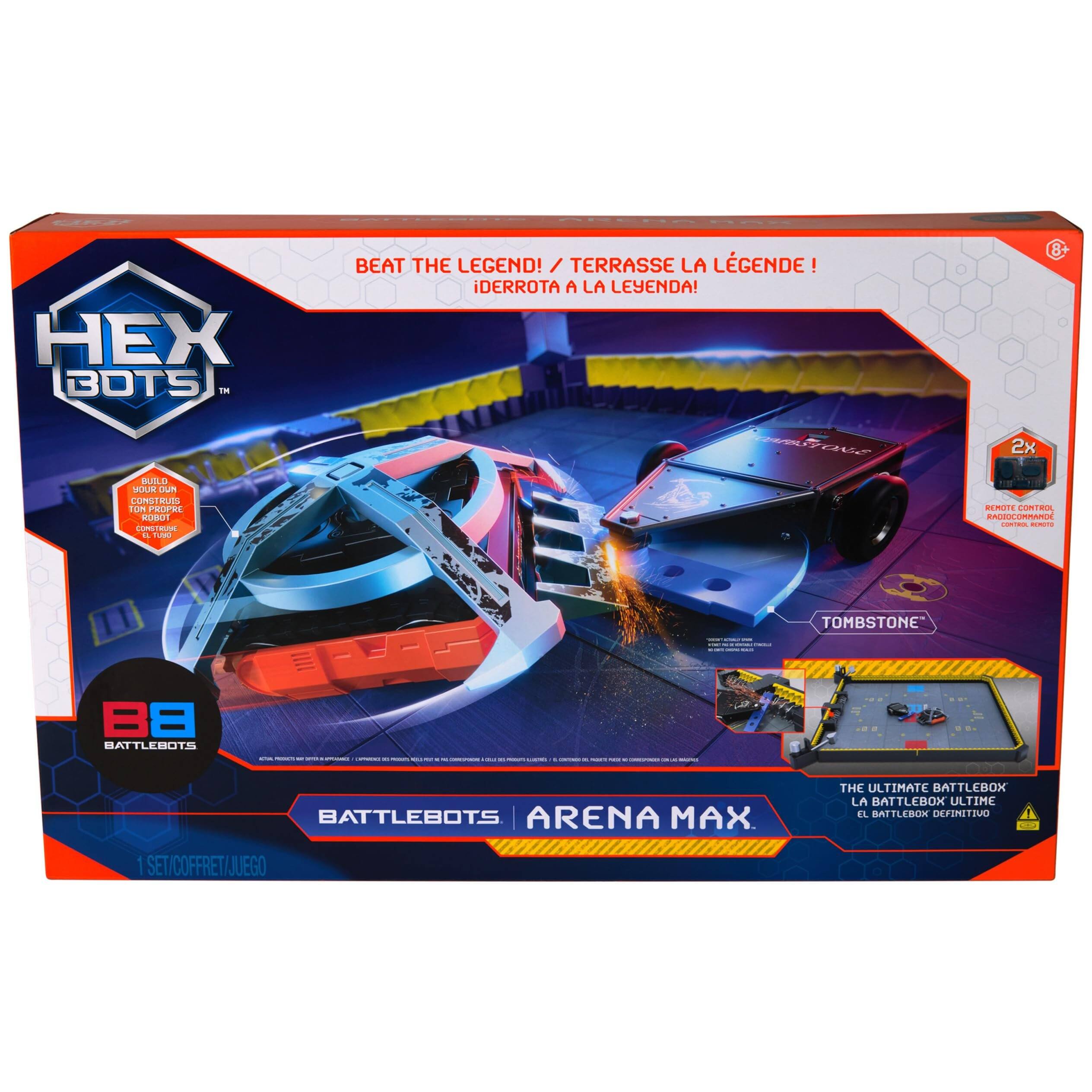 BEAT THE LEGEND! / TERRASSE LA LÉGENDE! ¡DERROTA A LA LEYENDA!  
2x BUBLD WOUR cum COMLIRUIS com PROPRE HOROT LUPLTEUSE - de REmOTE COmTRuA ATOOMARE  
TOMBSTONE  
BATTLEBOTS ARENA MAX THE ULTIMATE BATTLEBOX LA BATTLEBOX ULTIME EL BATTLEBOX DEFINITIVO  
1 SET/COFFRET/JUEGO