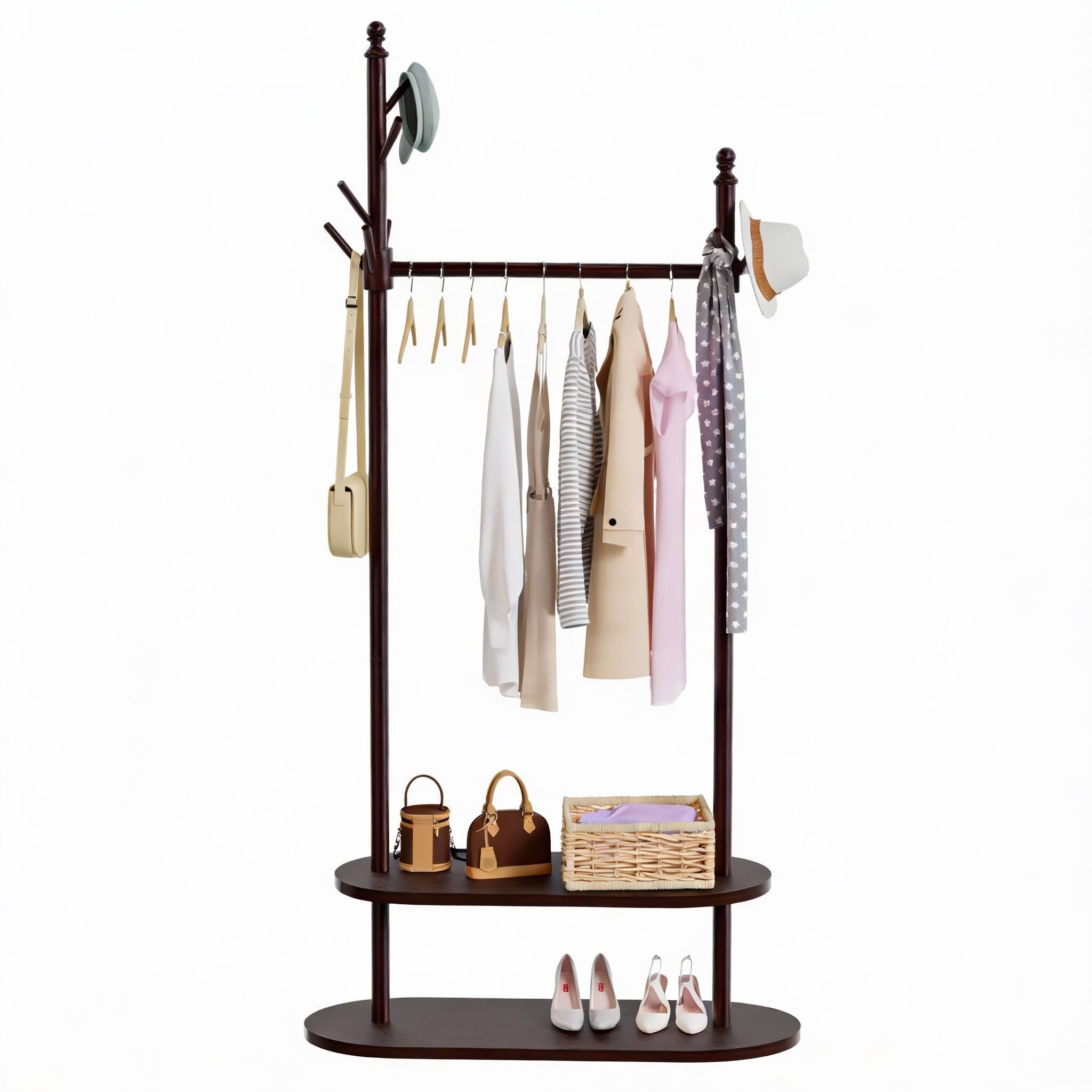Frangdom - Bamboo Coat Tree 9 Hooks 4 Heights Tool-Free Assembly - Dark Brown 13.2"D x 13.2"W x 68.8"H