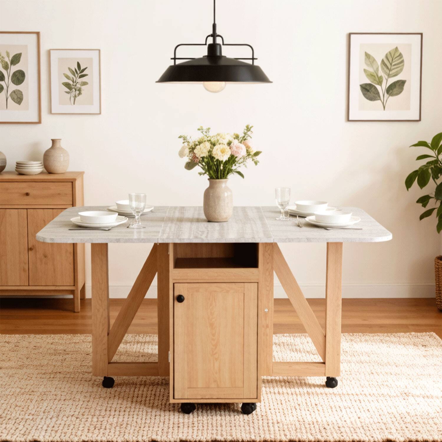 Left. Z-Edge - Folding Dining Table with Storage, Folding Kitchen Table with 6 Wheels, Shelves, Compact Dining Table for Small Spaces - Light Oak.