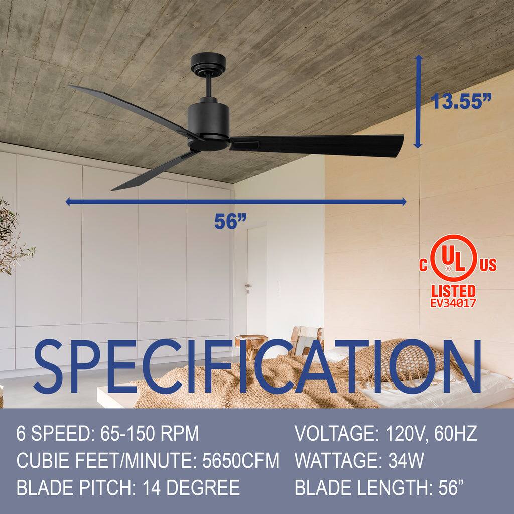 13.55"  
56"  
UL LISTED EV34017  
SPECIFICATION  
6 SPEED: 65-150 RPM  
VOLTAGE: 120V, 60HZ  
CUBIC FEET/MINUTE: 5650CFM  
WATTAGE: 34W  
BLADE PITCH: 14 DEGREE  
BLADE LENGTH: 56"