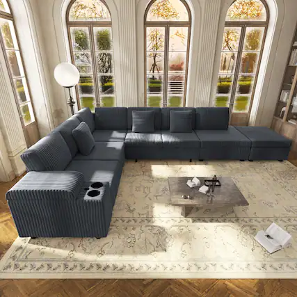 Front. Anysun - 110.2" L-Shaped Convertible Corduroy Sectional Sofa Set with Removable Ottoman, Hidden Storage, USB Ports & Cup Holders - Dark Grey.