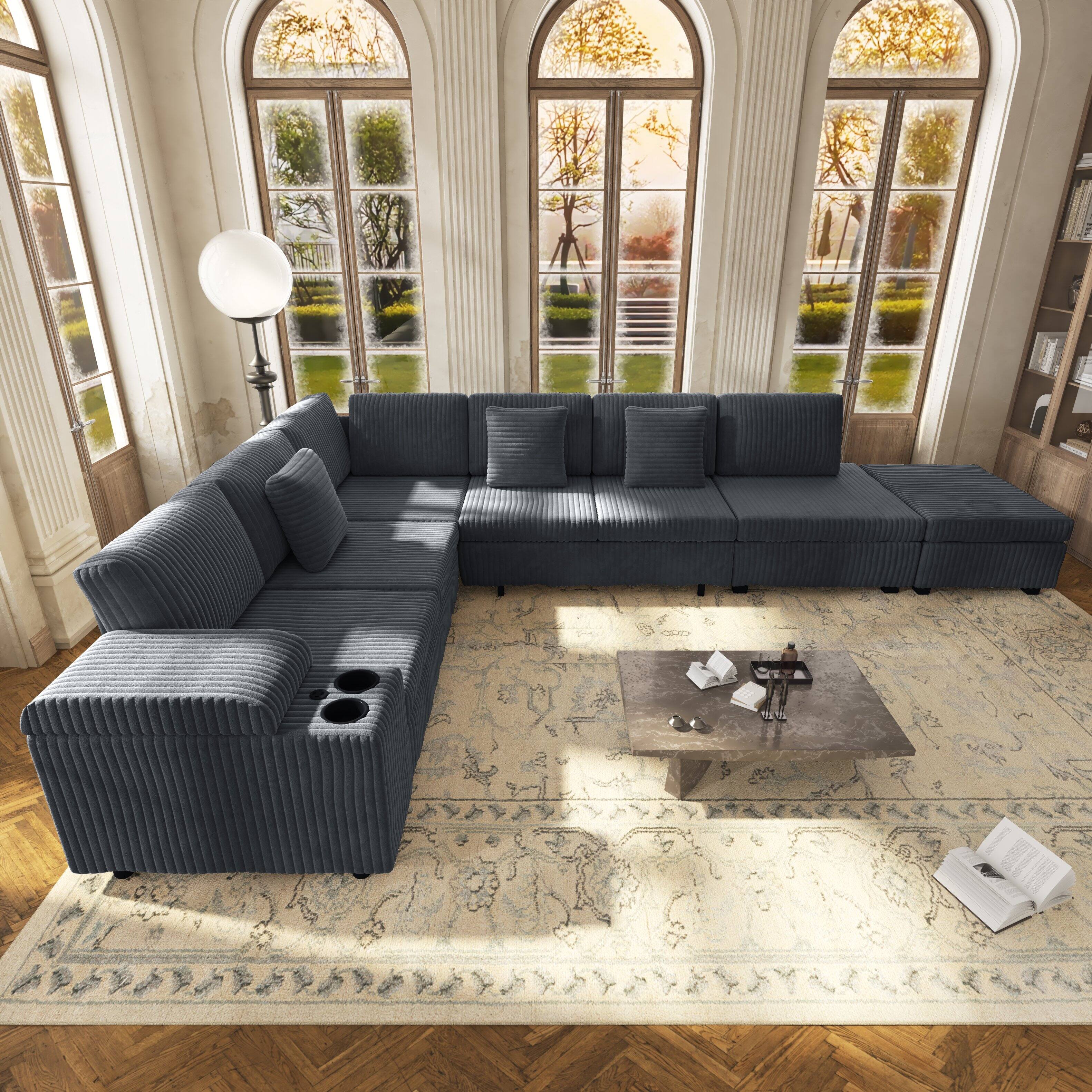 Anysun - 110.2" L-Shaped Convertible Corduroy Sectional Sofa Set with Removable Ottoman, Hidden Storage, USB Ports & Cup Holders - Dark Gray