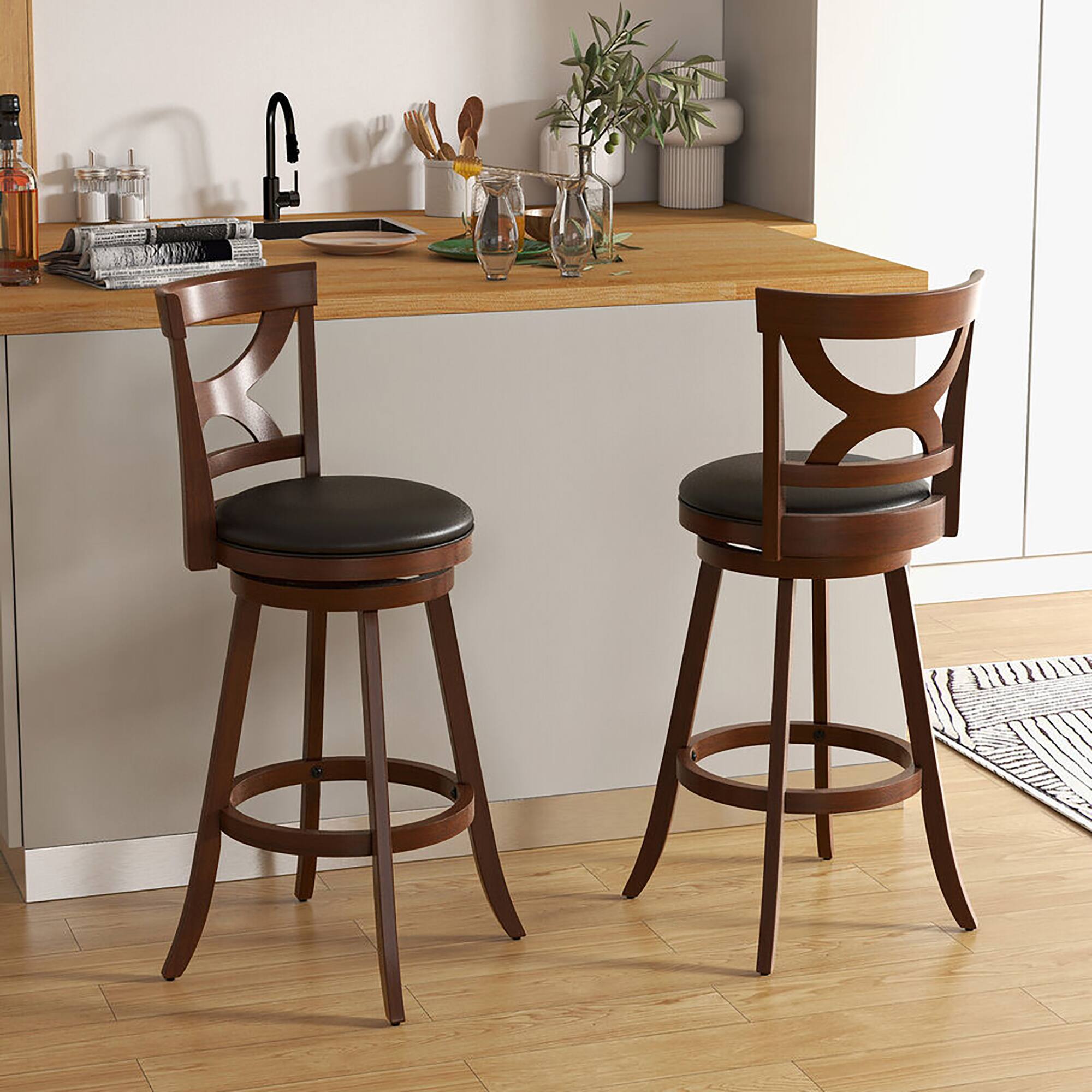 Alt View 1. Gymax - Gymax 2pcs 30.5'' Bar Stools 360° Swivel Bar Height w/ PVC Leather Cushioned Seat - Espresso, Black.