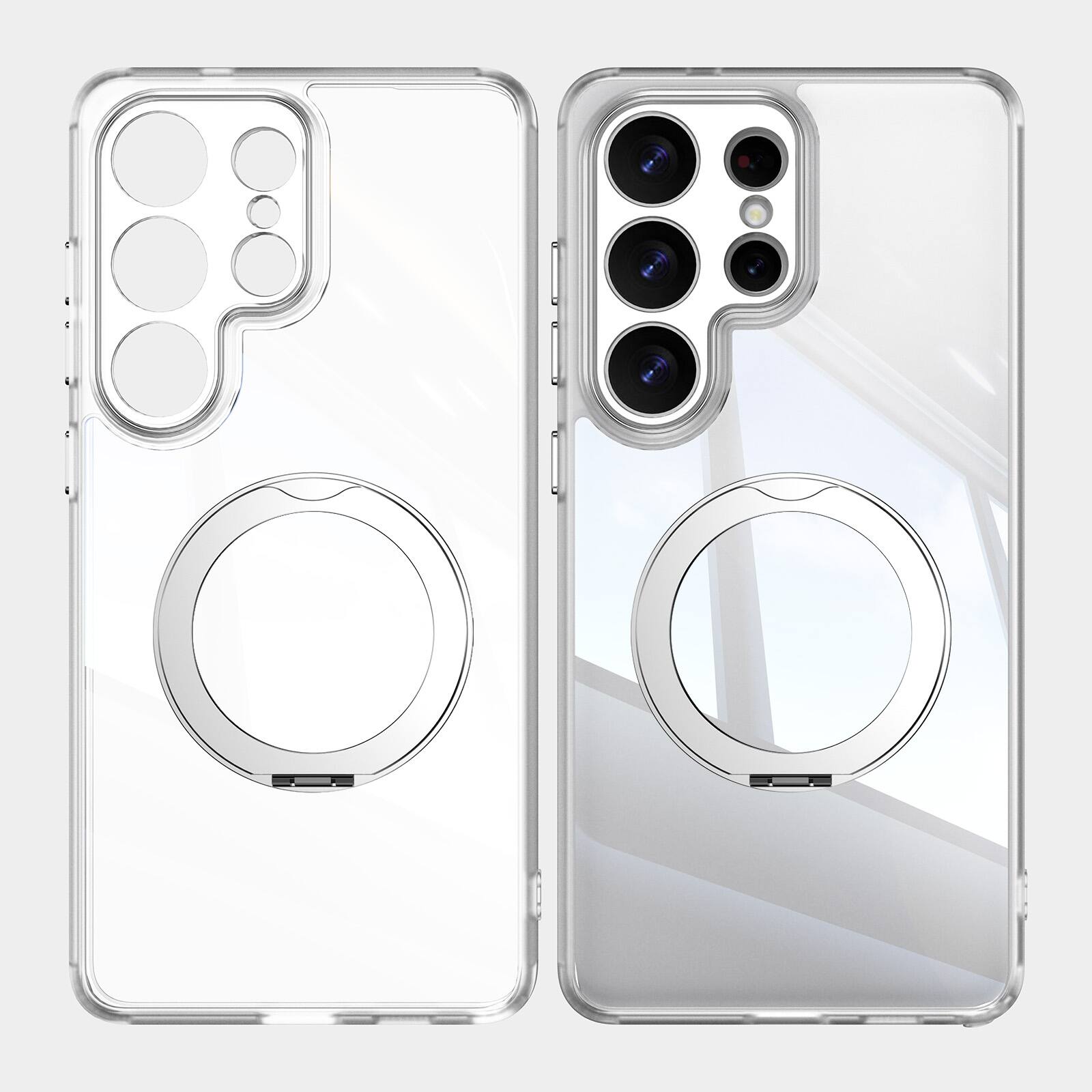 Left. Dteck - Magnetic Clear Case For Samsung Galaxy S26 Ultra, Shockproof Anti-Scratch 360° Ring Holder Stand PC+TPU Protection Cover - White.