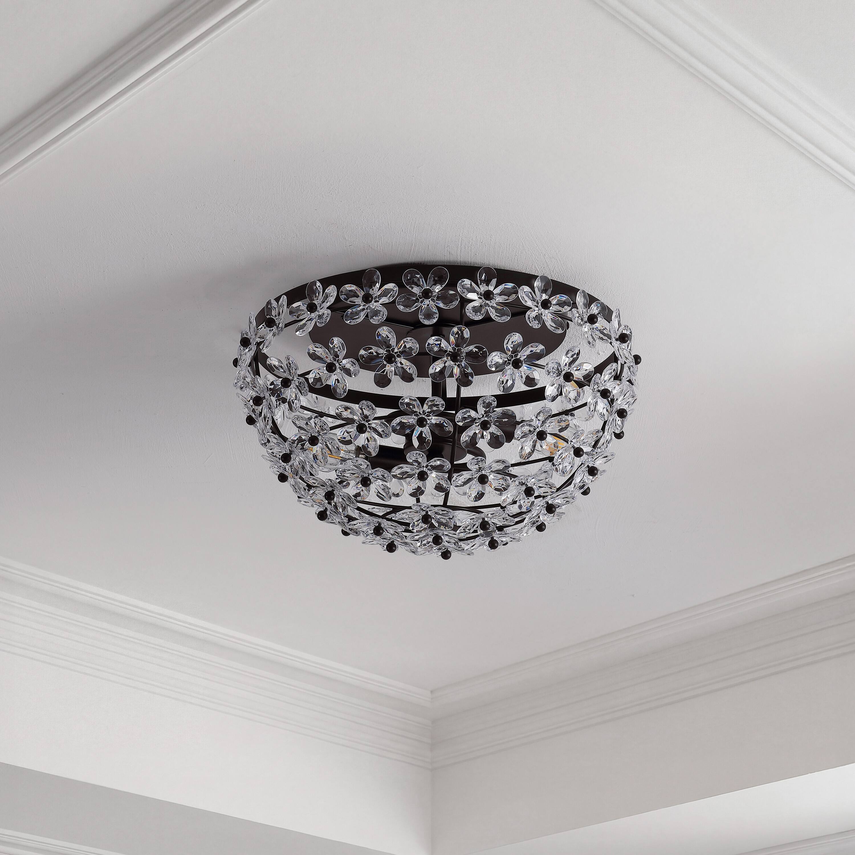 Alt View 6. Jonathan Y - Izzy 15.5" 2-Light Modern Glam Metal Dome LED Flush Mount with Crystal Flower Accents, Oil Rubbed Bronze/Clear - Oil Rubbed Bronze/Clear.