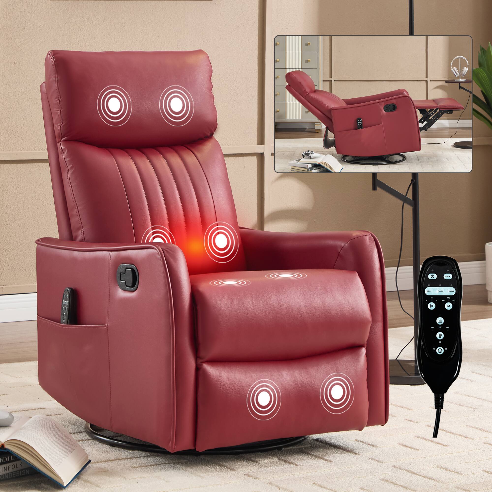 PexFix - Heat Massage Manual Recliner Chair with Rocker and Swivel in Faux Leather for Living Room - Red