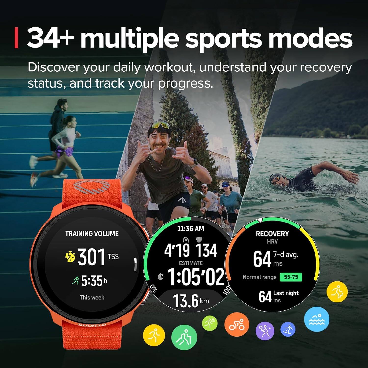 34+ multiple sports modes

Discover your daily workout, understand your recovery status, and track your progress.

TRAINING VOLUME
301 TSS
5:35 h
This week

11:36 AM
4'19 134
ESTIMATE
1:05'02
13.6 km

RECOVERY
HRV
64 ms
7-d avg.
Normal range 55-75
Last night
64 ms