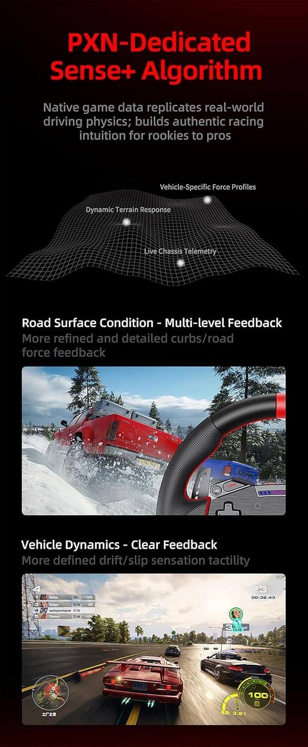 PXN-Dedicated Sense+ Algorithm

Native game data replicates real-world driving physics; builds authentic racing intuition for rookies to pros

Vehicle-Specific Force Profiles
Dynamic Terrain Response
Live Chassis Telemetry

Road Surface Condition - Multi-level Feedback
More refined and detailed curbs/road force feedback

Vehicle Dynamics - Clear Feedback
More defined drift/slip sensation tactility