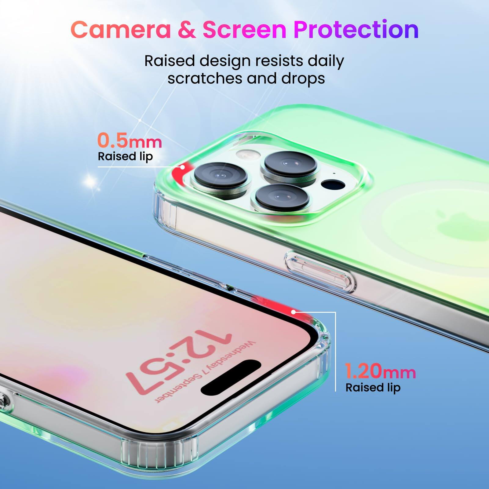 Camera & Screen Protection
Raised design resists daily scratches and drops
0.5mm Raised lip
1.20mm Raised lip