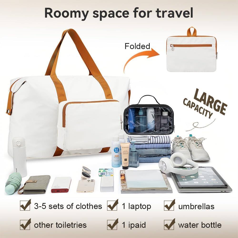Roomy space for travel  
Folded  
LARGE CAPACITY  

- 3-5 sets of clothes  
- 1 laptop  
- other toiletries  
- 1 ipaid  
- umbrellas  
- water bottle