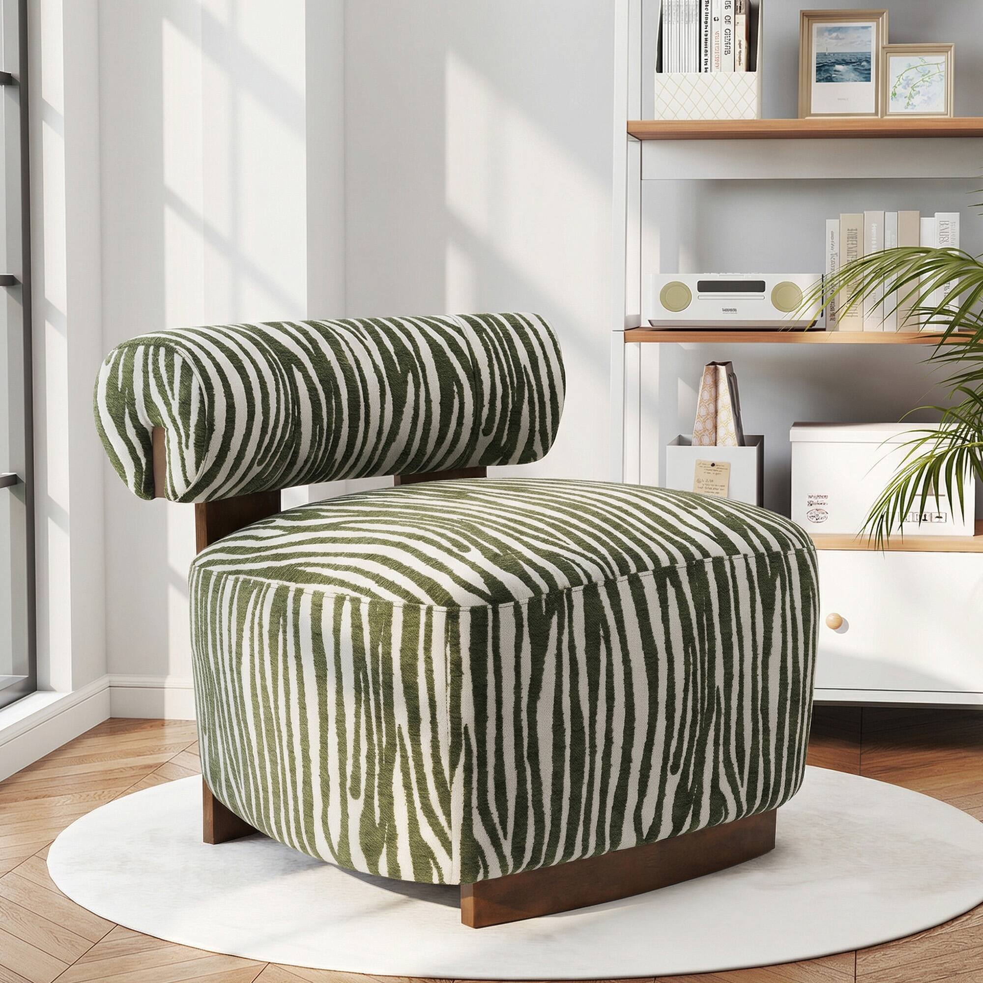 Angle. Anysun - Anysun Zebra-Striped Chenille Fabic Low Cylindrical Backrest Armchair with High-Quality Foam Cushion - Green.