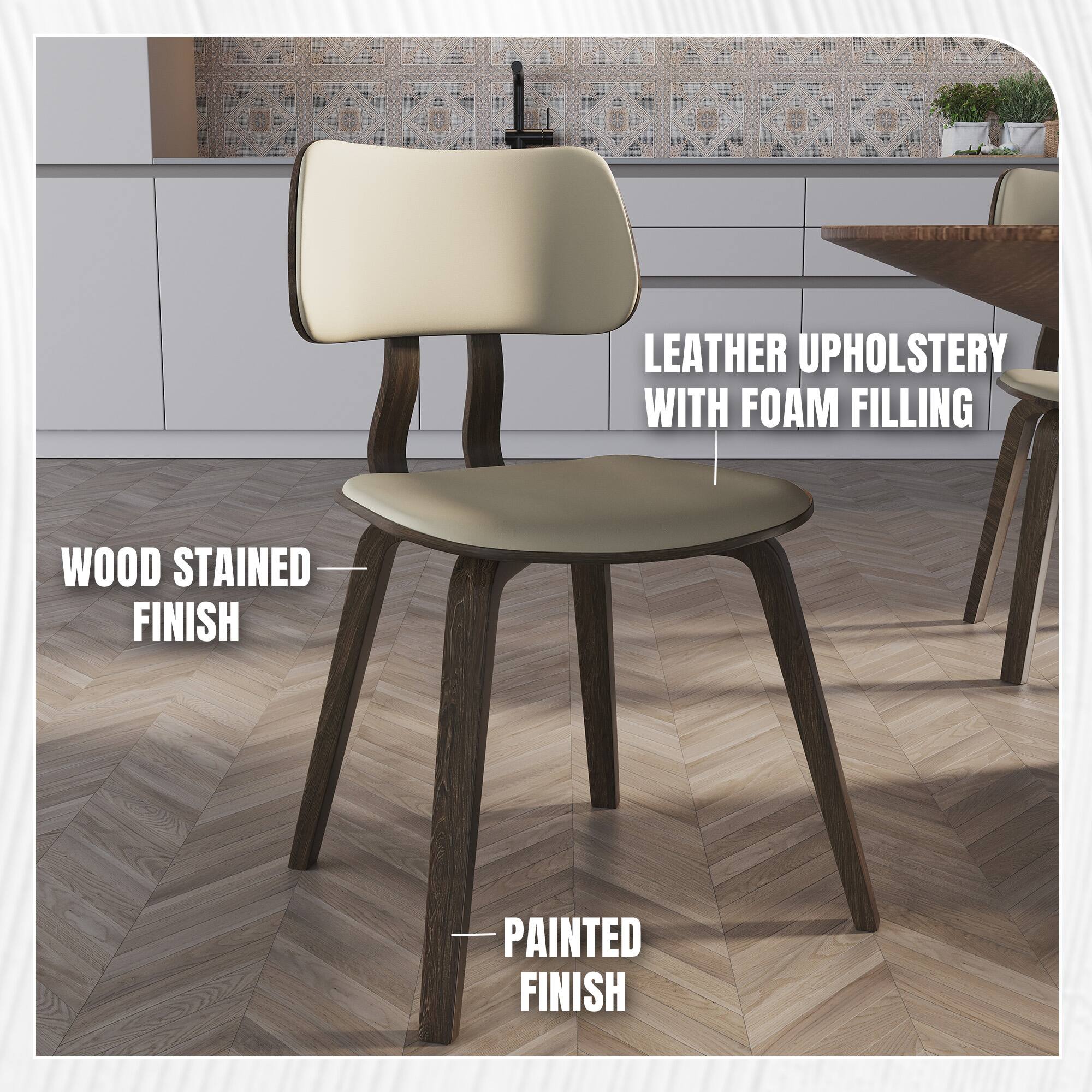 LEATHER UPHOLSTERY WITH FOAM FILLING  
WOOD STAINED FINISH  
PAINTED FINISH