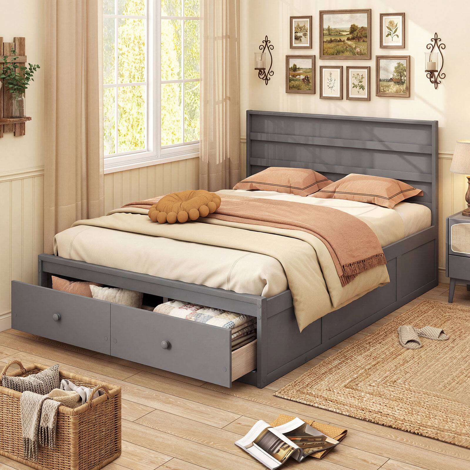 Alt View 3. Gymax - Gymax Full Size Bed Frame w/Storage Drawers Headboard Wooden Slat Support Gray - Grey.
