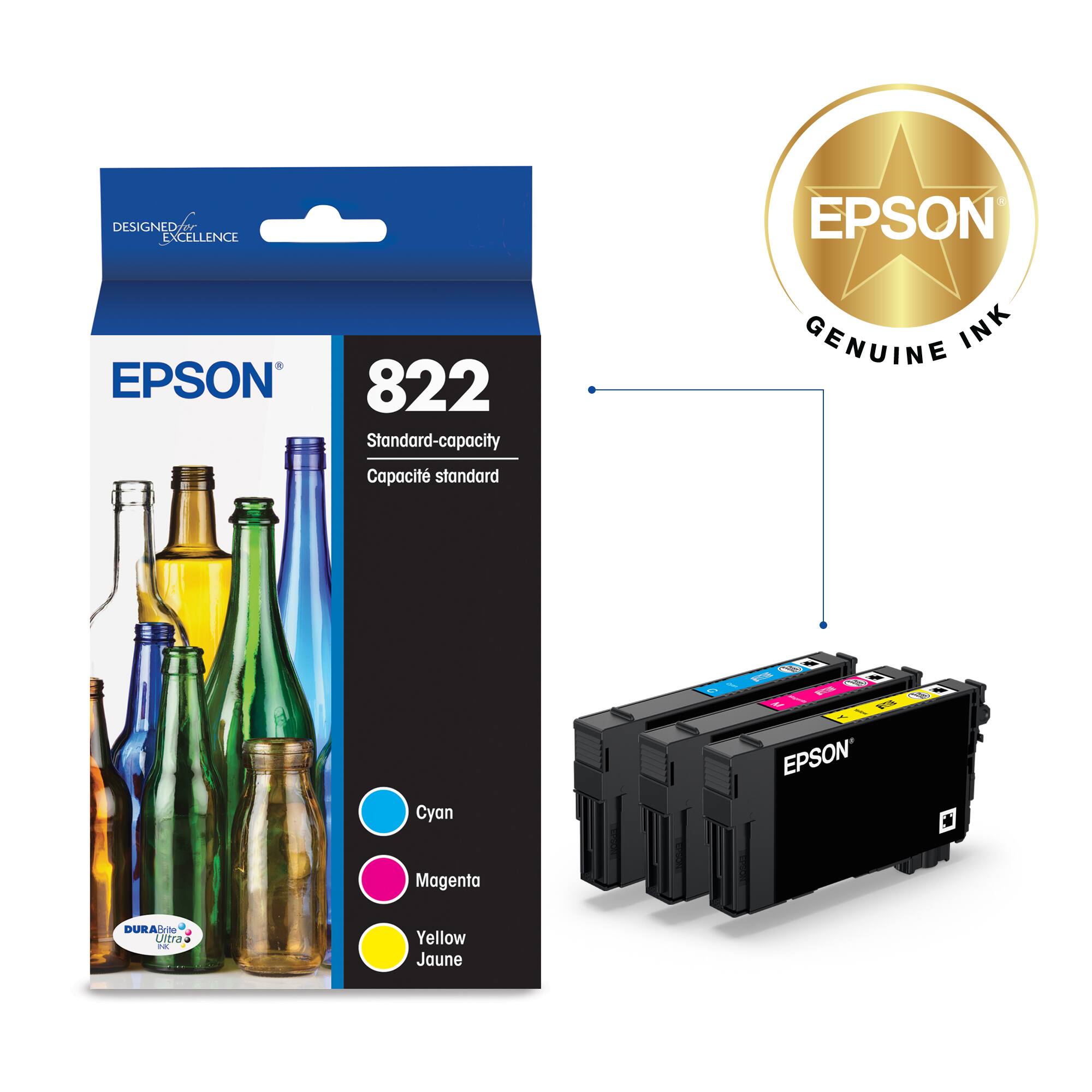 Epson 822 Standard-capacity Genuine Ink Cartridges: Cyan, Magenta, Yellow.
