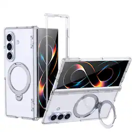 Dteck - Magnetic Case for Samsung Galaxy Z Fold8 Ultra with Ring Stand, Frosted Shockproof Auto Spring Hinge Protective Cover - Clear