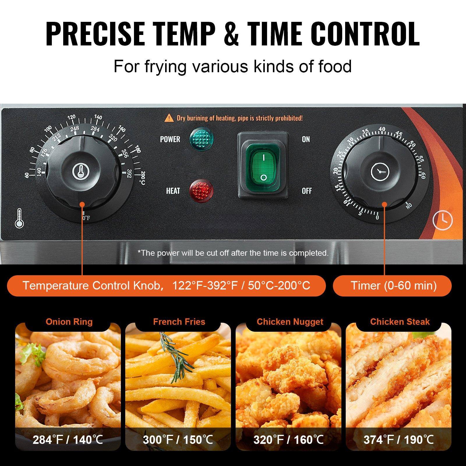 **PRECISE TEMP & TIME CONTROL**  
For frying various kinds of food

---

**Dry burning of heating pipe is strictly prohibited!**

---

**Temperature Control Knob, 122°F-392°F / 50°C-200°C**

**Timer (0-60 min)**

---

**Onion Ring**  
284°F / 140°C

**French Fries**  
300°F / 150°C

**Chicken Nugget**  
320°F / 160°C

**Chicken Steak**  
374°F / 190°C

---

*The power will be cut off after the time is completed.