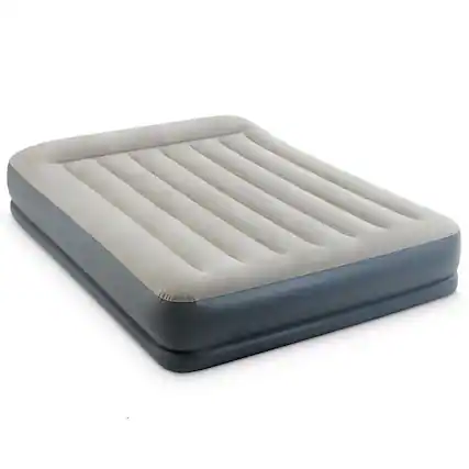 Front. Intex - Pillow Rest Airbed, Queen 12" Inflatable Air Mattress, Built-In Pump & Pillow, 600lb Cap - Gray.