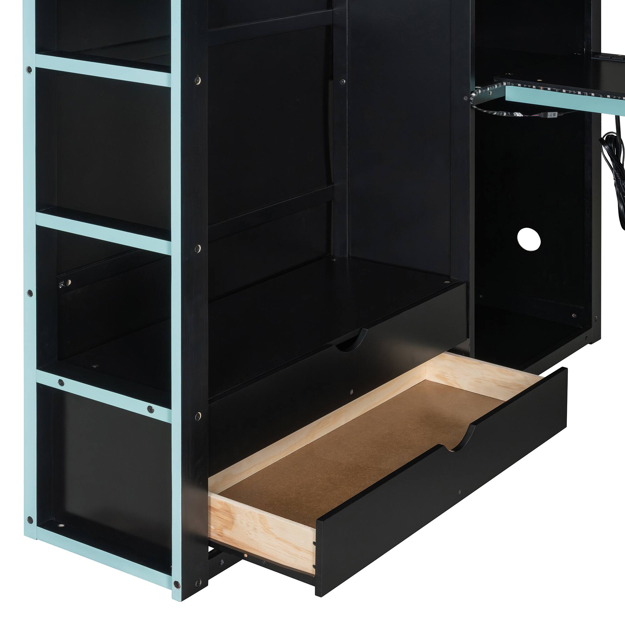 Alt View 2. Anysun - Full Size Wood Loft Bed with Desk,Wardrobe,Ample Storage Space,and RGB Light - Blue.