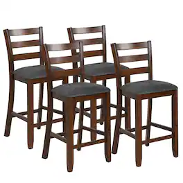 Costway - Set of 4 Barstools Counter Height Chairs w/Fabric Seat & Rubber Wood Legs - Grey,Brown