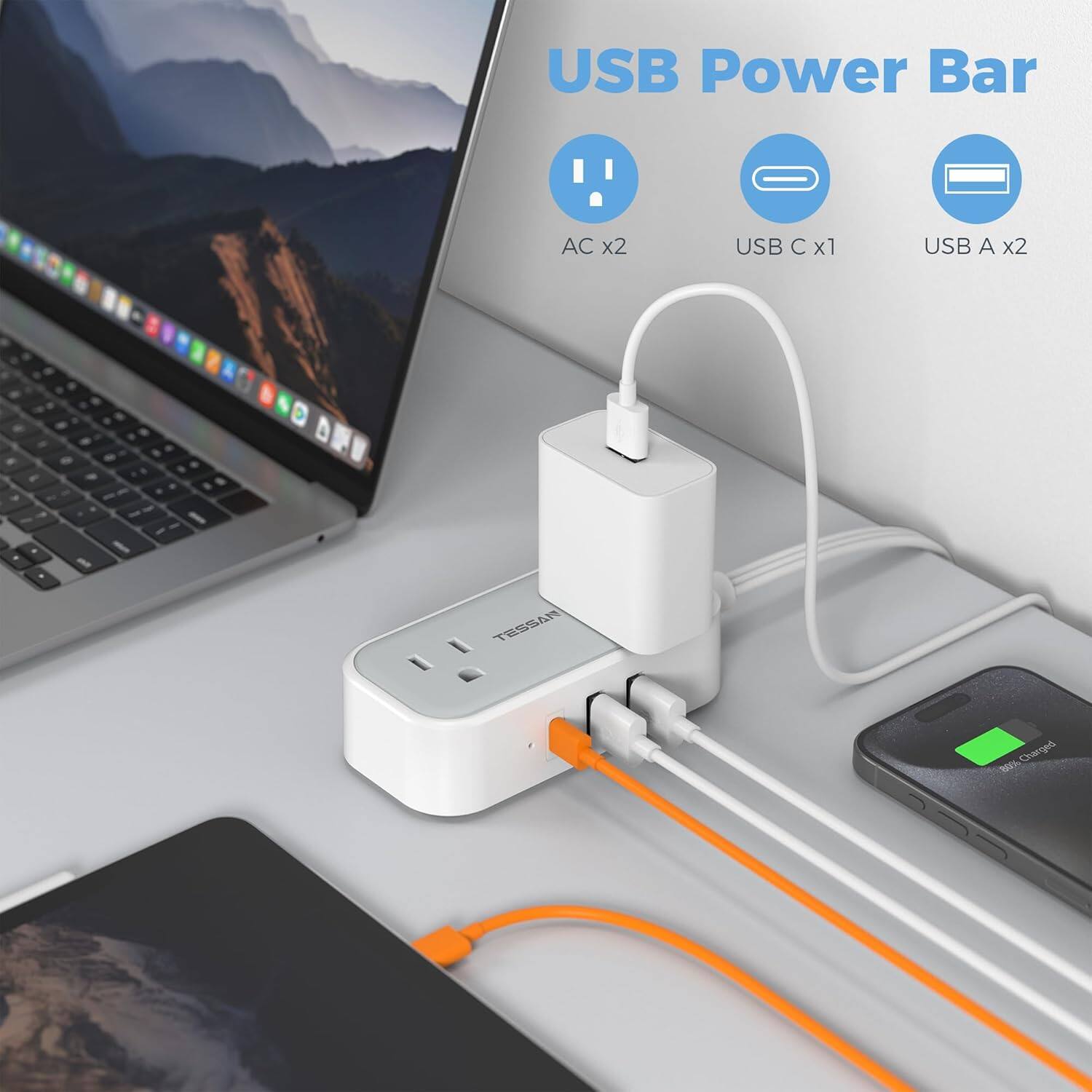 USB Power Bar  
AC x2  
USB C x1  
USB A x2  

TESSAN  
100% Charged