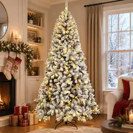 RYHNUYNE - 6FT Pre-Lit Flocked Northern Pine Christmas Tree With Realistic Curved Tips and Pre-Strung LED Lights - Green,White
