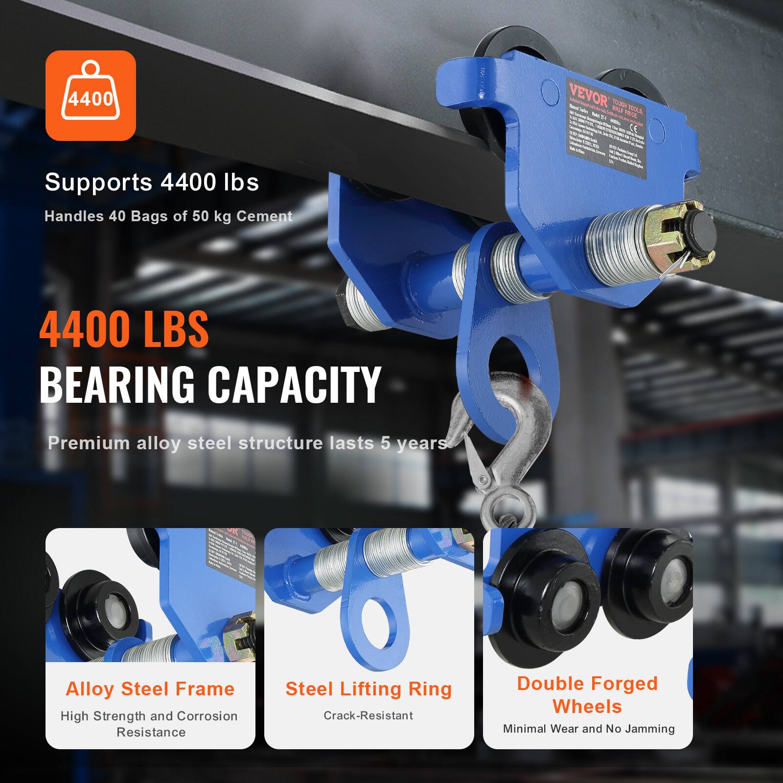 - Supports 4400 lbs
- Handles 40 Bags of 50 kg Cement

4400 LBS BEARING CAPACITY

Premium alloy steel structure lasts 5 years

- Alloy Steel Frame
  - High Strength and Corrosion Resistance

- Steel Lifting Ring
  - Crack-Resistant

- Double Forged Wheels
  - Minimal Wear and No Jamming