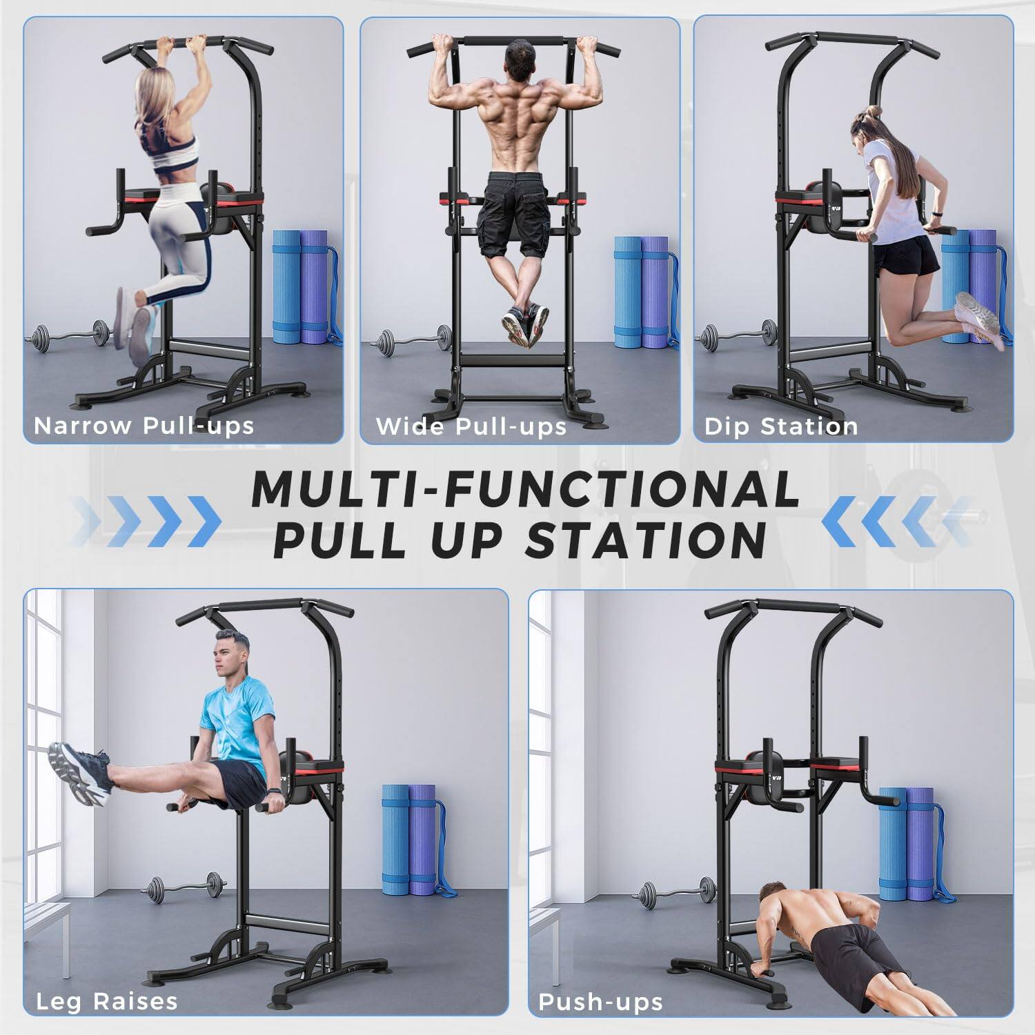 - Narrow Pull-ups
- Wide Pull-ups
- Dip Station
- Leg Raises
- Push-ups

MULTI-FUNCTIONAL PULL UP STATION