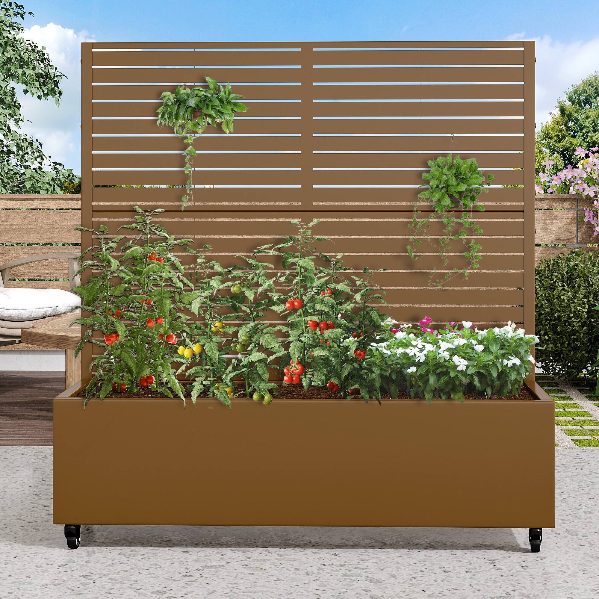 Alt View 1. PexFix - 47 in. H x 47 in. W Louvered Pattern Rectangle Metal Planter Box Raised Garden Beds with Trellis-Ideal for Balcony - Brown.