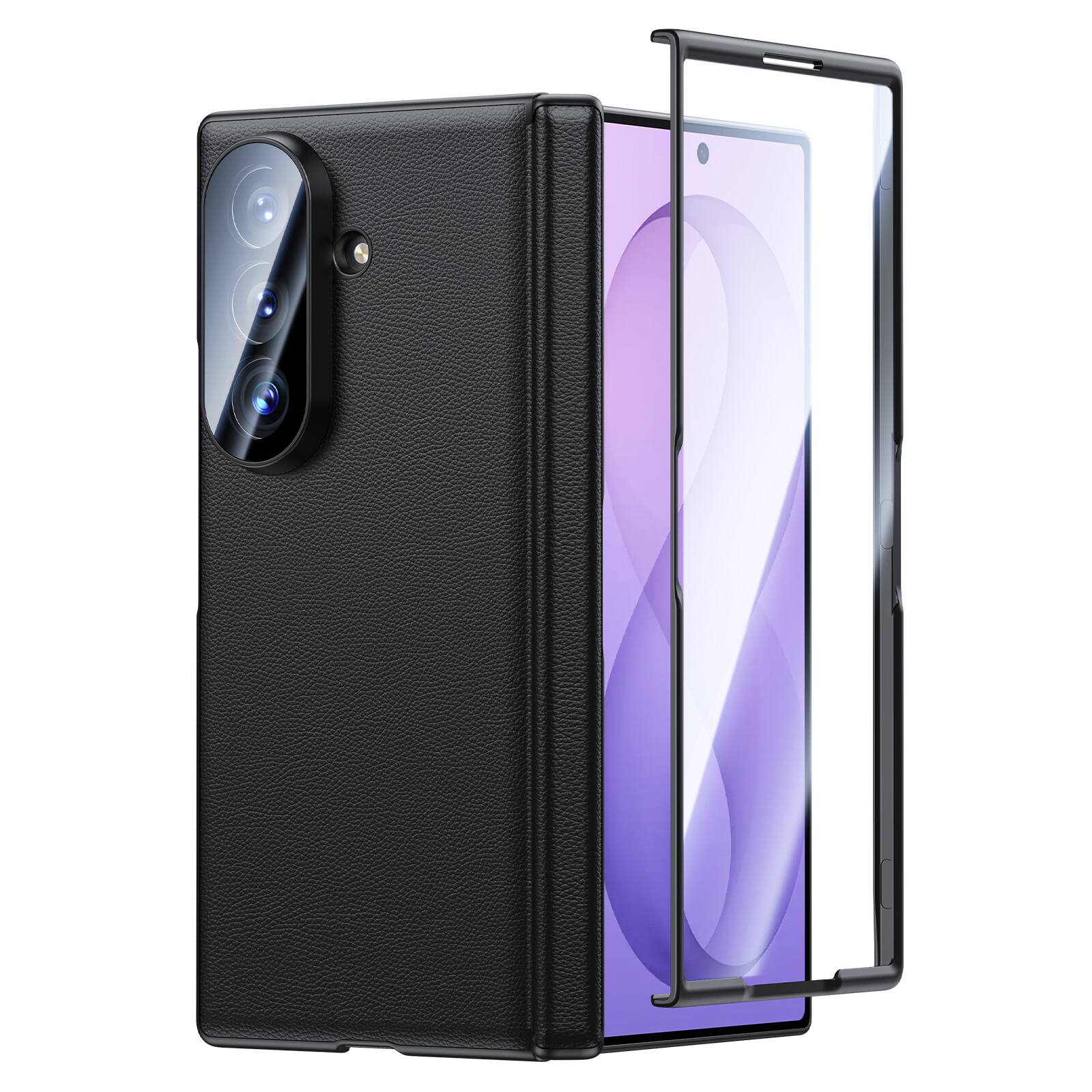 Angle. Dteck - Shockproof Leather Texture Hinge Cover For Samsung Galaxy Z Fold8 Ultra Case Built-in Screen Protector + Lens Film - Black(Privacy Film).