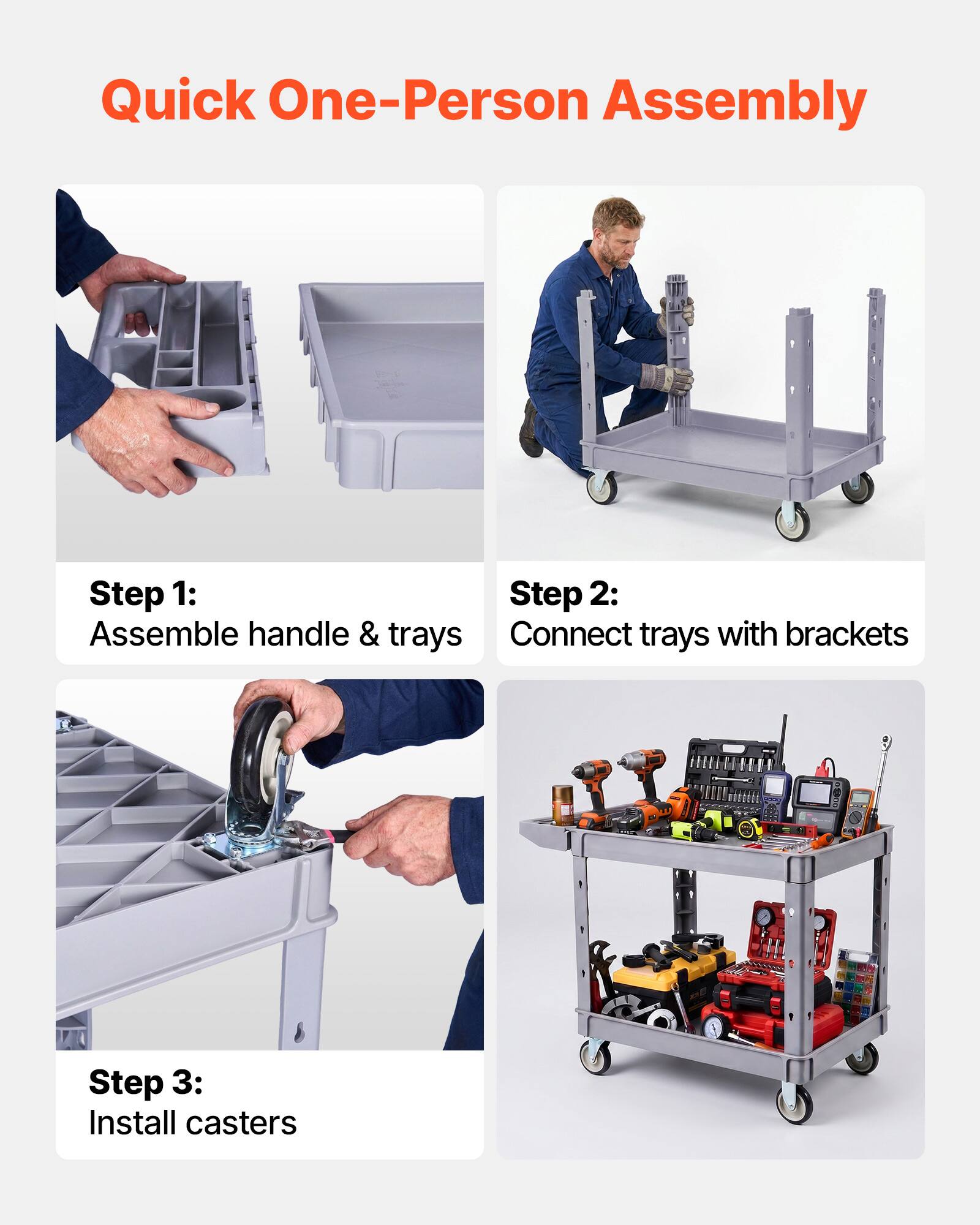 Quick One-Person Assembly

Step 1: Assemble handle & trays

Step 2: Connect trays with brackets

Step 3: Install casters
