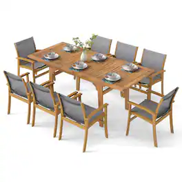 Costway - 9 PCS Acacia Wood Outdoor Dining Set for 6-8 with 1.97" Umbrella Hole - Gray