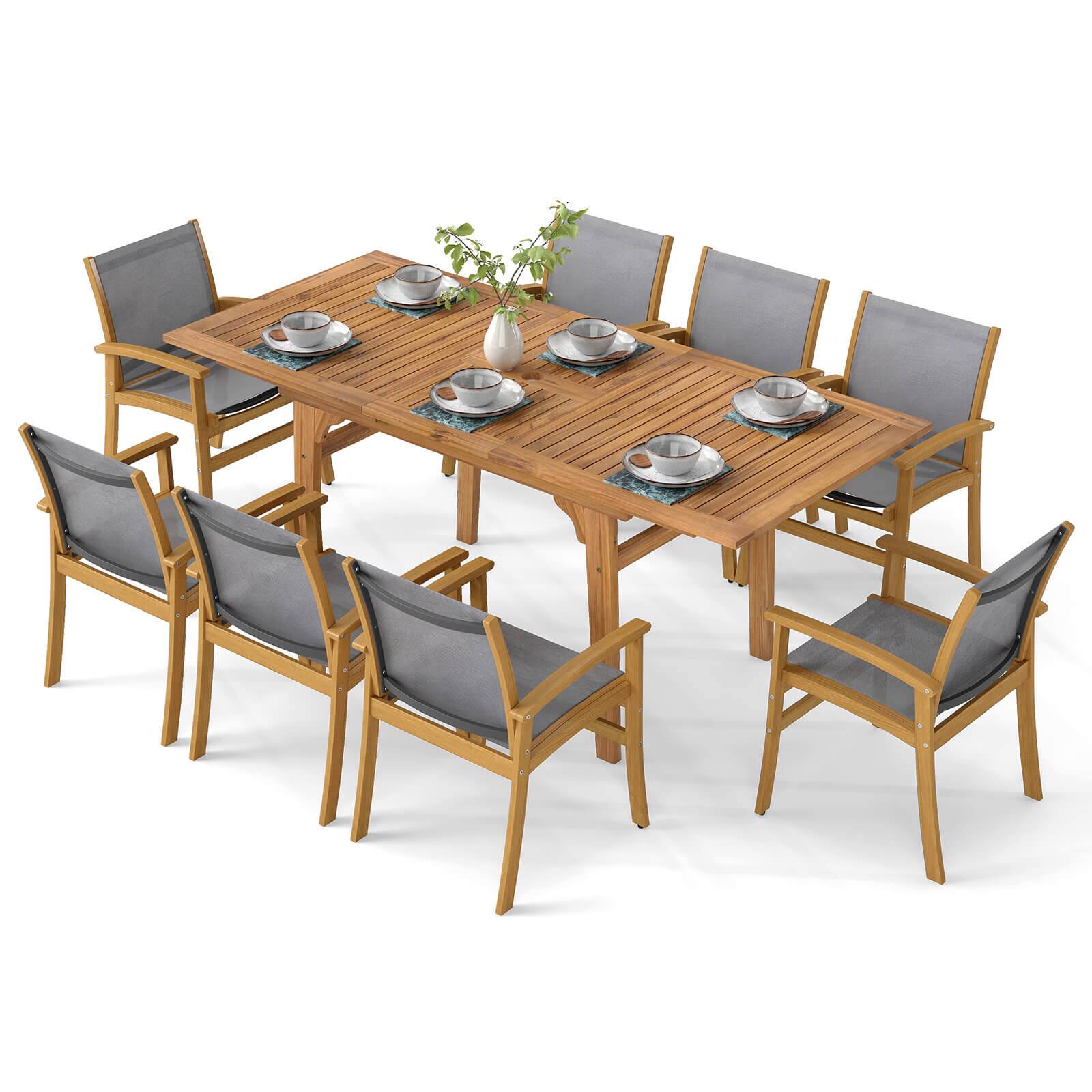Front. Costway - Costway 9 PCS Acacia Wood Outdoor Dining Set for 6-8 with 1.97" Umbrella Hole - Gray.