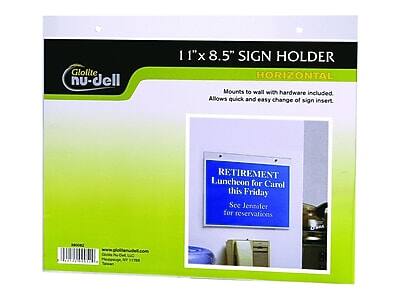 **GloLite nu-dell**

**11" x 8.5" SIGN HOLDER HORIZONTAL**

- Mounts to wall with hardware included.
- Allows quick and easy change of sign insert.

**RETIREMENT Luncheon for Carol this Friday**
See Jennifer for reservations

[Image of the sign holder with the sign insert]

www.gloitenudell.com

Made in USA