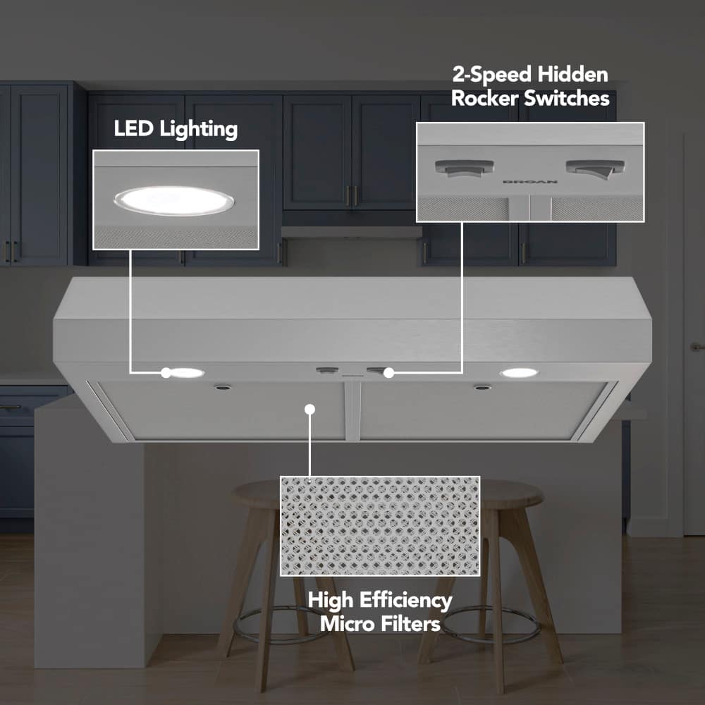 The image shows a kitchen with a light fixture and a cabinet. The light fixture has LED lighting and 2-speed hidden rocker switches. The cabinet has a high efficiency micro filter. The image also shows a table with a stool and a cabinet with a light fixture.