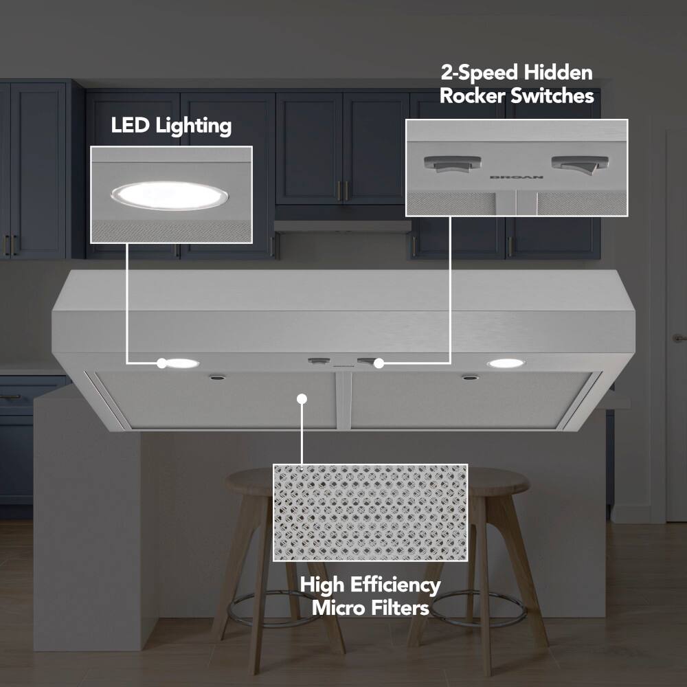 The image shows a kitchen with a light fixture and a cabinet. The light fixture has LED lighting and 2-speed hidden rocker switches. The cabinet has a high efficiency micro filter. The image also shows a table with a stool and a cabinet with a light fixture.