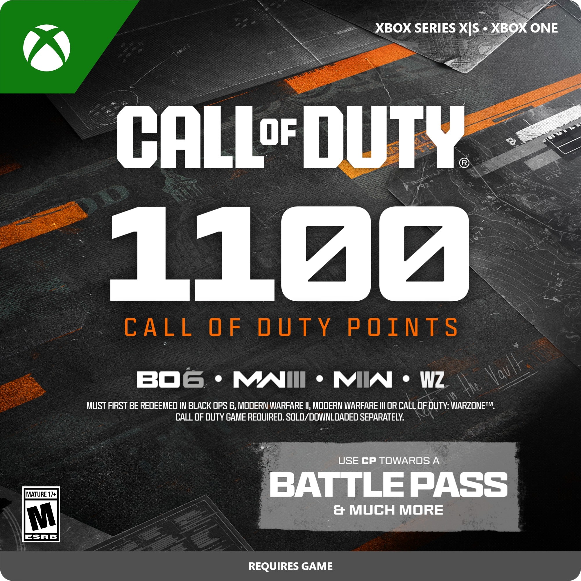 XBOX SERIES X|S CALL OF DUTY: WARZONE 1100 CALL OF DUTY POINTS BO6, MAIII, MIN, WZ the Vault, MW1, MW2, or COD: WZ REQUIRES GAME. SOLD/DOWNLOADED SEPARATELY. MATURE 17+ ESRB. USE CP TOWARDS A BATTLE PASS & MUCH MORE.