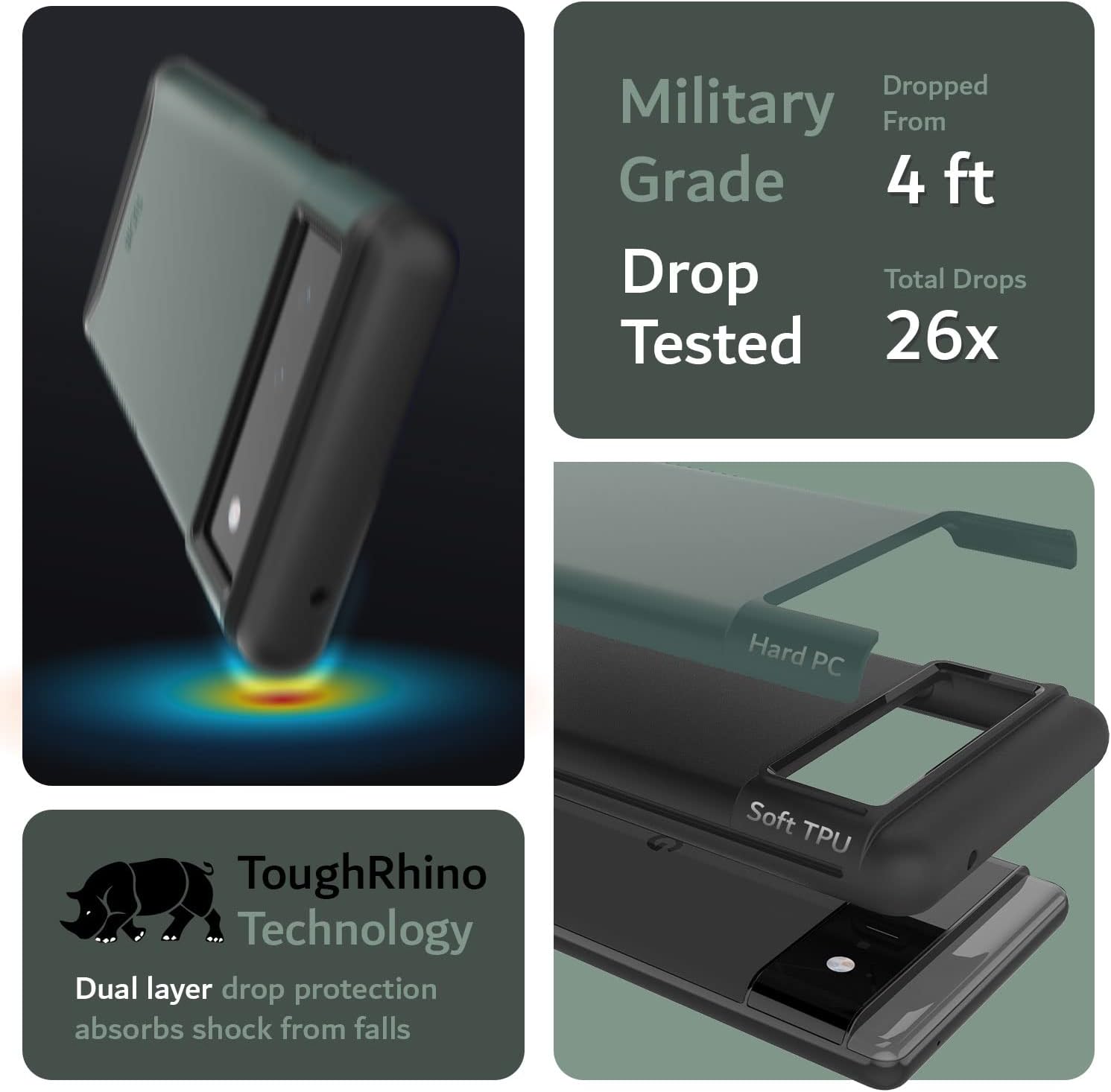 - Military Grade Drop Tested
- Dropped From 4 ft
- Total Drops Tested 26x
- ToughRhino Technology
- Dual layer drop protection absorbs shock from falls
- Hard PC
- Soft TPU