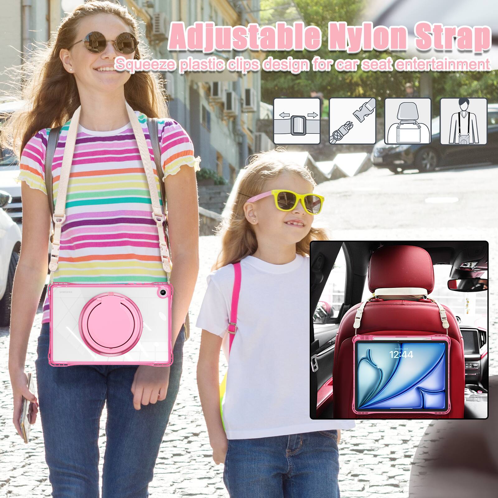 Adjustable Nylon Strap  
Squeeze plastic clips design for car seat entertainment