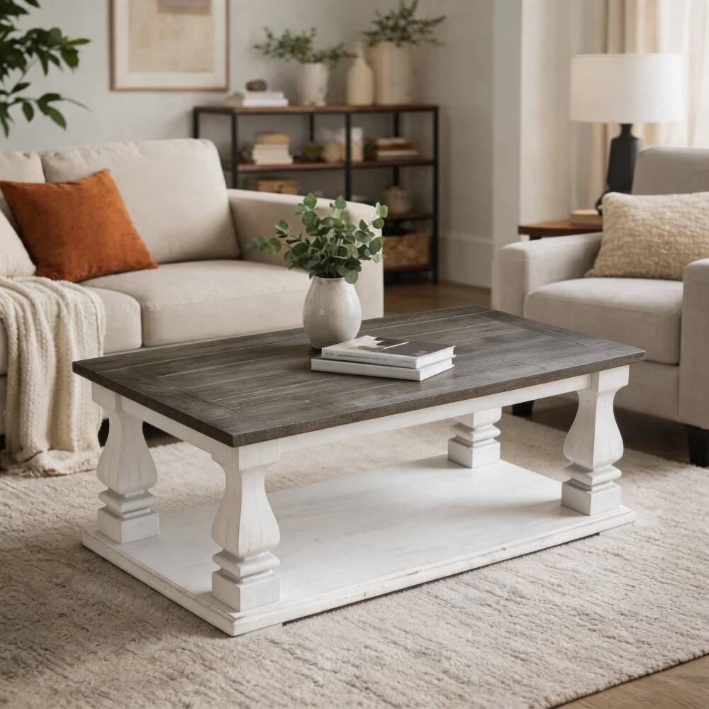 Front. Loheer - Loheer farmhouse coffee table, rectangular living room table with storage shelf, dark grey and washed white - Dark Grey and Washed White.