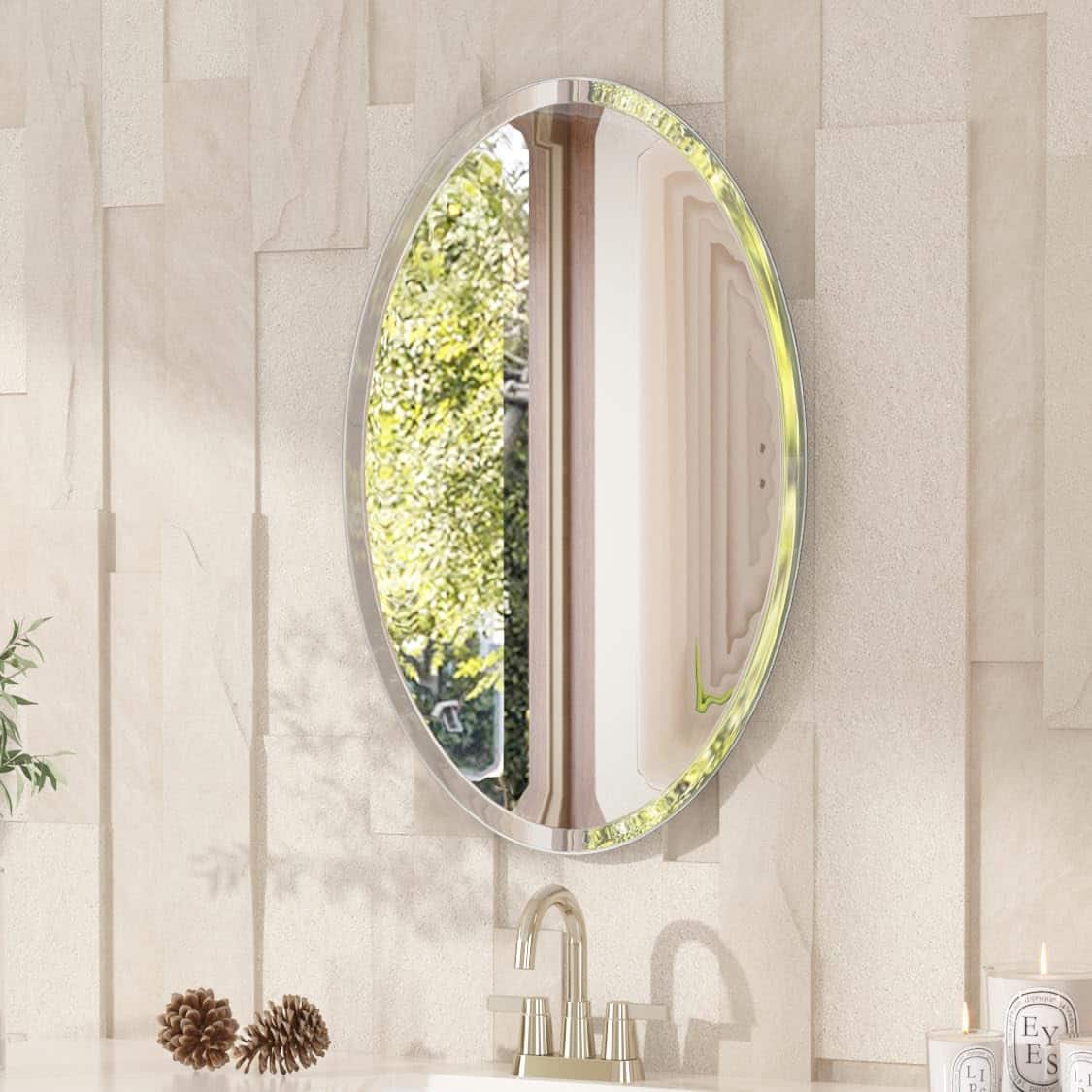 Cedar Assembly - Frameless Oval Mirror 16" X 24" Bathroom Wall With Beveled Edge Modern Decorative Vanity Mirrored For Liv - Oval-16"L x 24"W