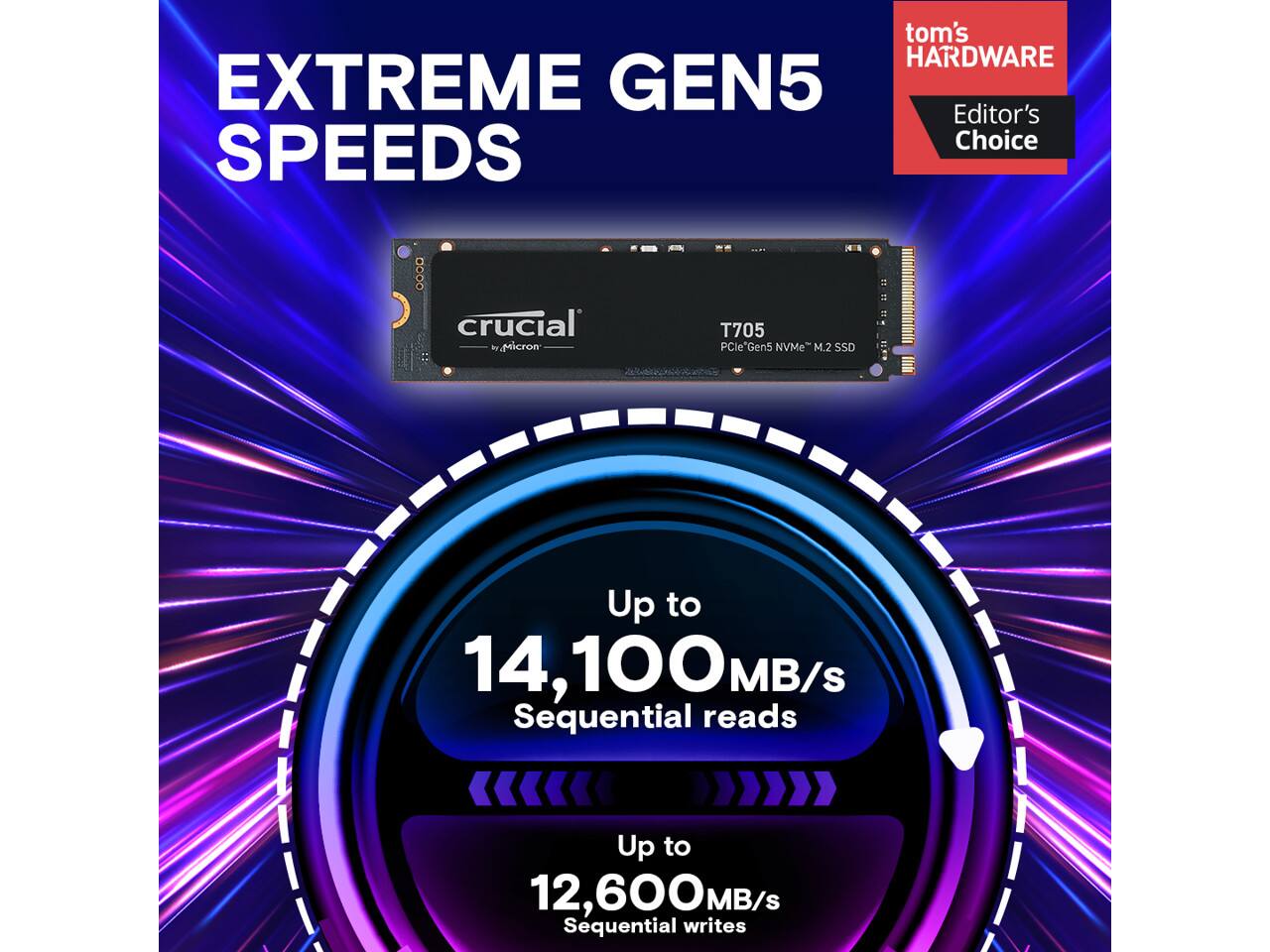 tom's HARDWARE EXTREME GEN5 Editor's Choice SPEEDS

crucial by Micron T705 PCIe Gen5 NVMe M.2 SSD

Up to 14,100 MB/s Sequential reads

Up to 12,600 MB/s Sequential writes