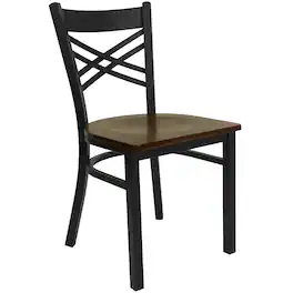 Flash Furniture - HERCULES Series Black ''X'' Back Metal Restaurant Chair - Mahogany Wood Seat - Brown