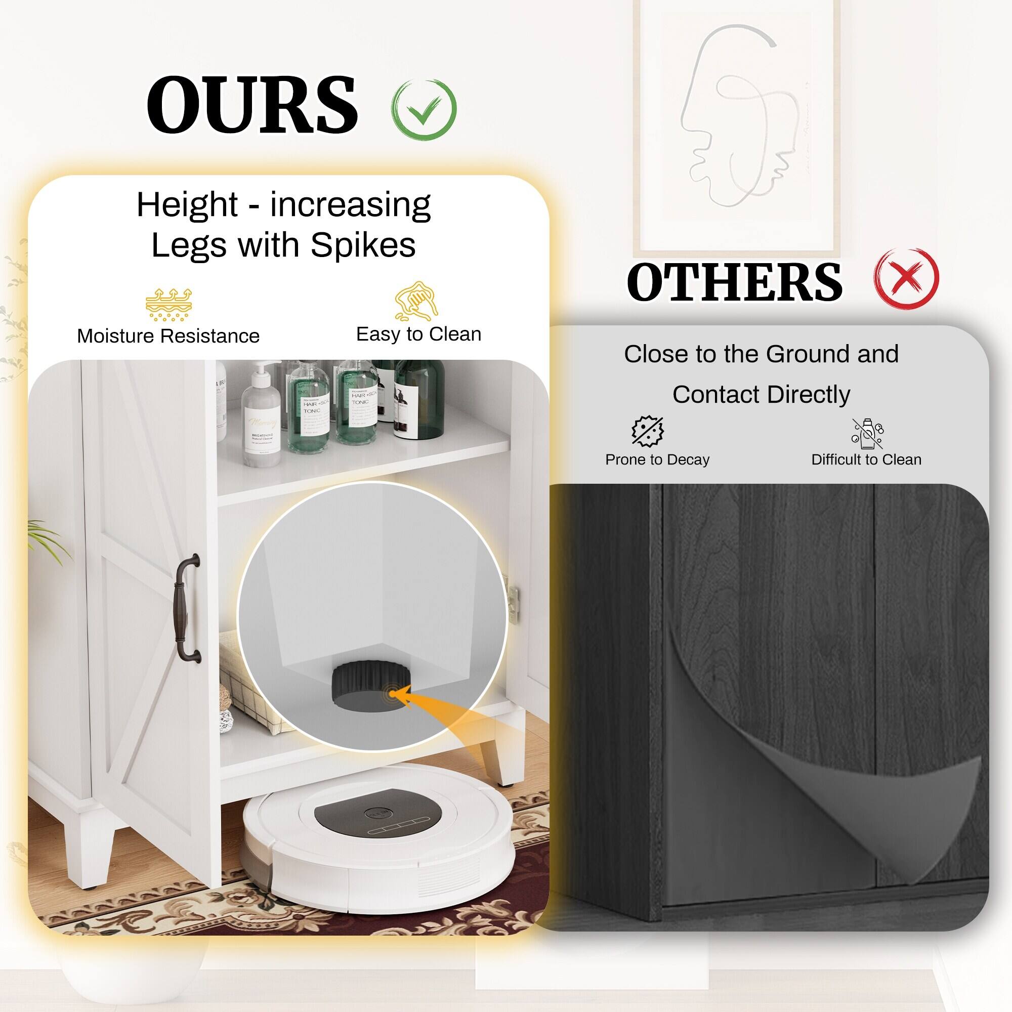 **OURS**

- Height - increasing Legs with Spikes
- Moisture Resistance
- Easy to Clean

**OTHERS**

- Close to the Ground and Contact Directly
- Prone to Decay
- Difficult to Clean