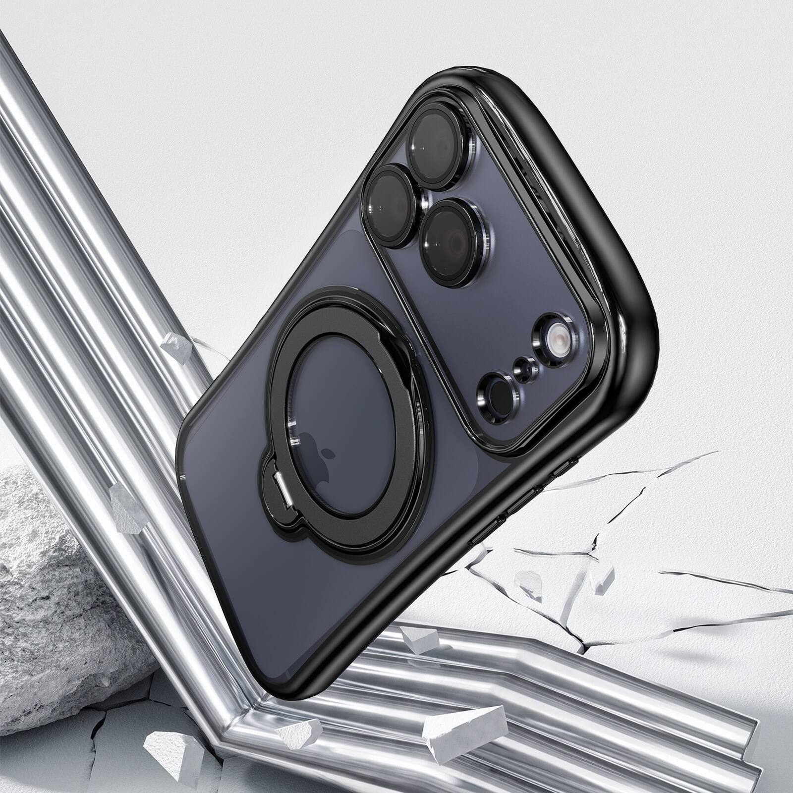 Alt View 2. Dteck - Magnetic Case for Apple iPhone 17 Pro Max with 360 Ring Stand and Strap, Shockproof TPU Cover Built-in Lens Protector - Black.