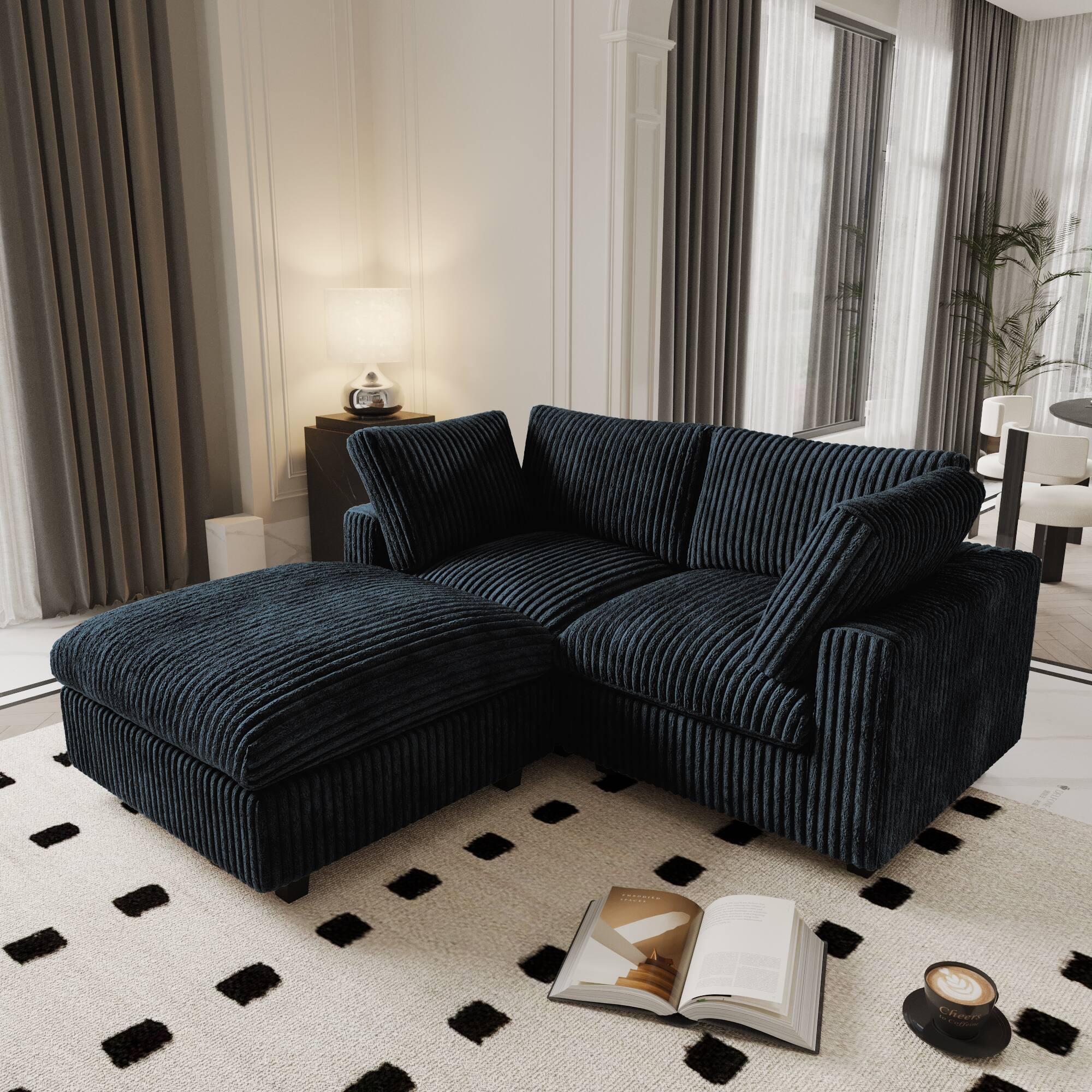 Alt View 6. Yardgrace - Deluxe Cloud 2-Seater Black Washable Chaise Sectional, Plush Fabric, Modular Design - Black.