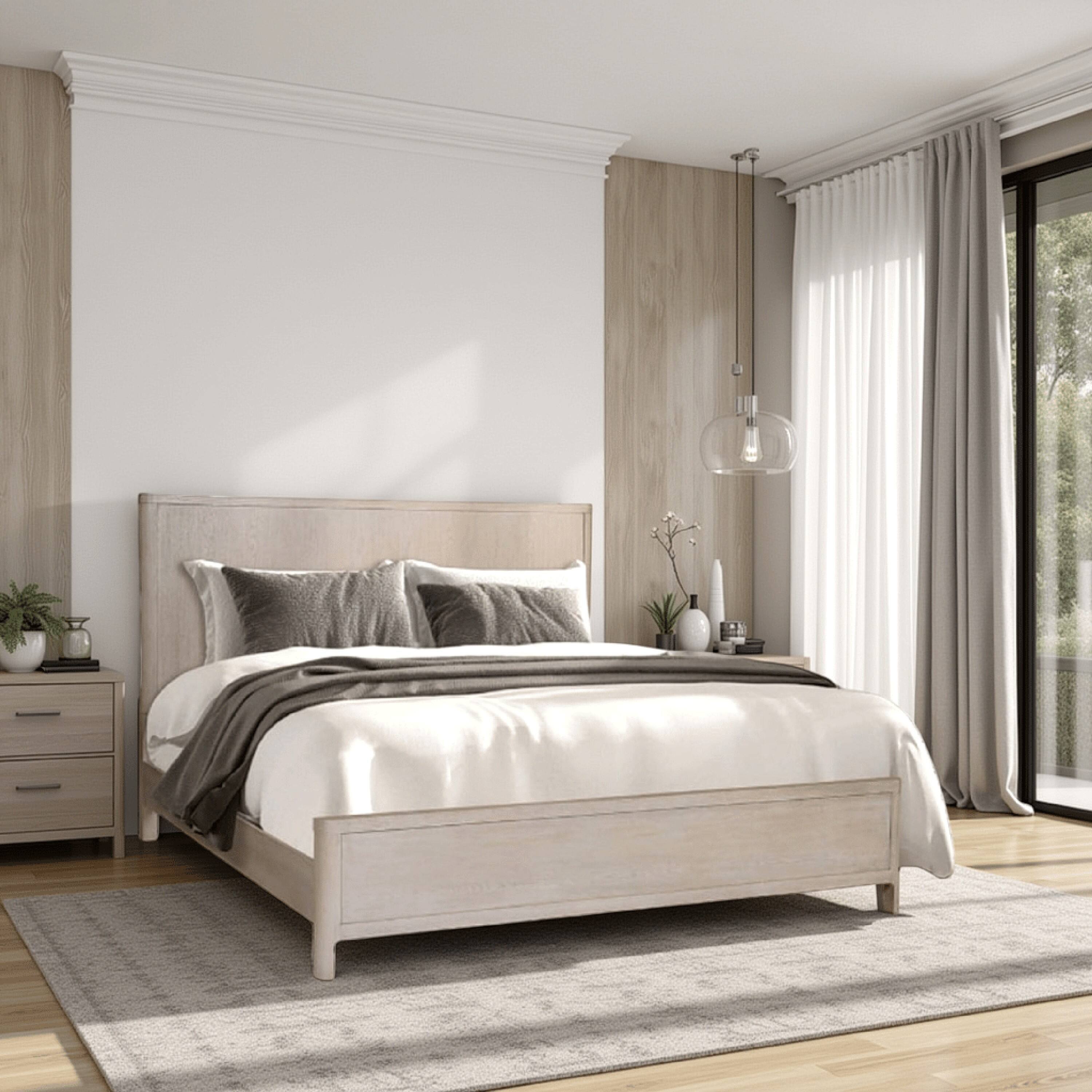 Alt View 5. Manhattan Lane - Reham Queen Size Bed, Rounded Edges, White Wash Brown Rubberwood Frame - Light White Wash Oak Brown.