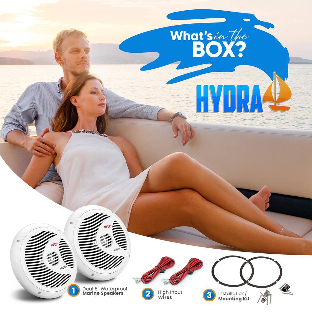 What's in the BOX?

HYDRA

1. Dual 8" Waterproof Marine Speakers  
2. High Input Wires  
3. Installation/Mounting Kit